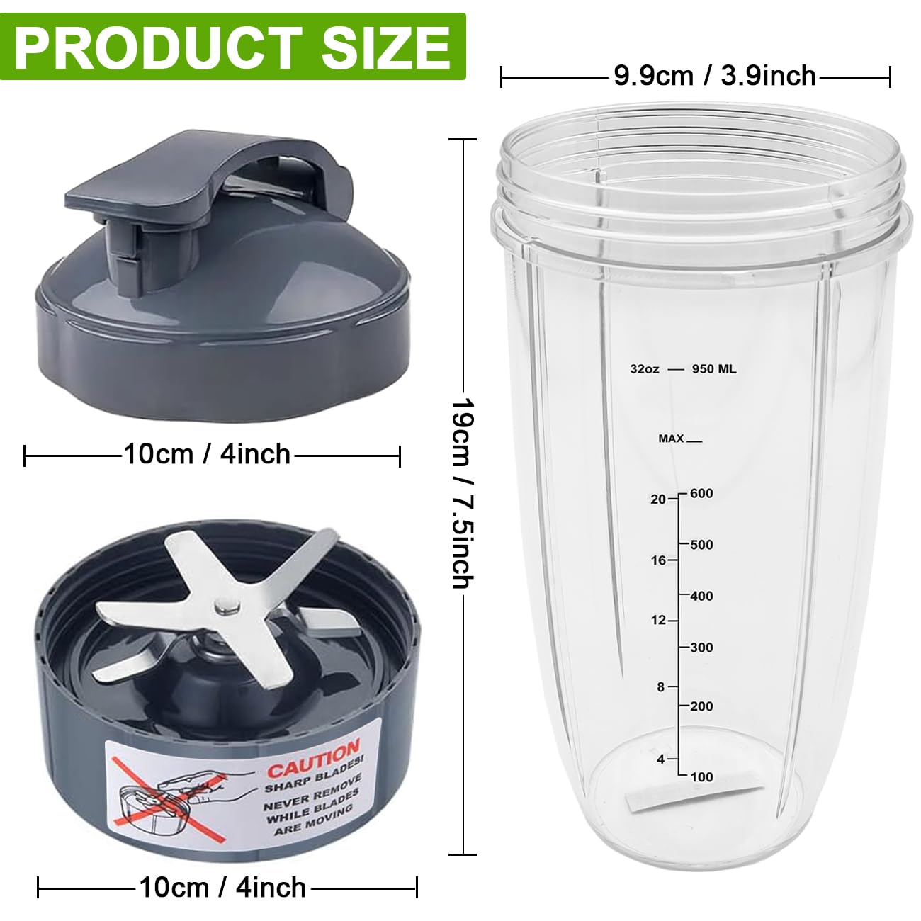 Piezas de Repuesto Compatible con Nutribullet Batidora 600W / Pro 900 Watt Series, Extractor Cuchilla, Vasos de 32oz con Tapa Abatible para Nutribullet Batidora Blender Blade Accesorios
