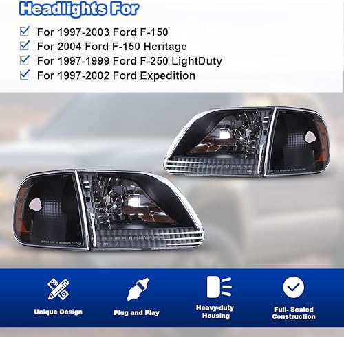 Miniatura 3 de ROXX Conjunto de faros delanteros con luces de esquina para Ford F150 1997-2003 y Ford Expedition 1997-2002Para Ford F250 Light Duty 1997-2003, par