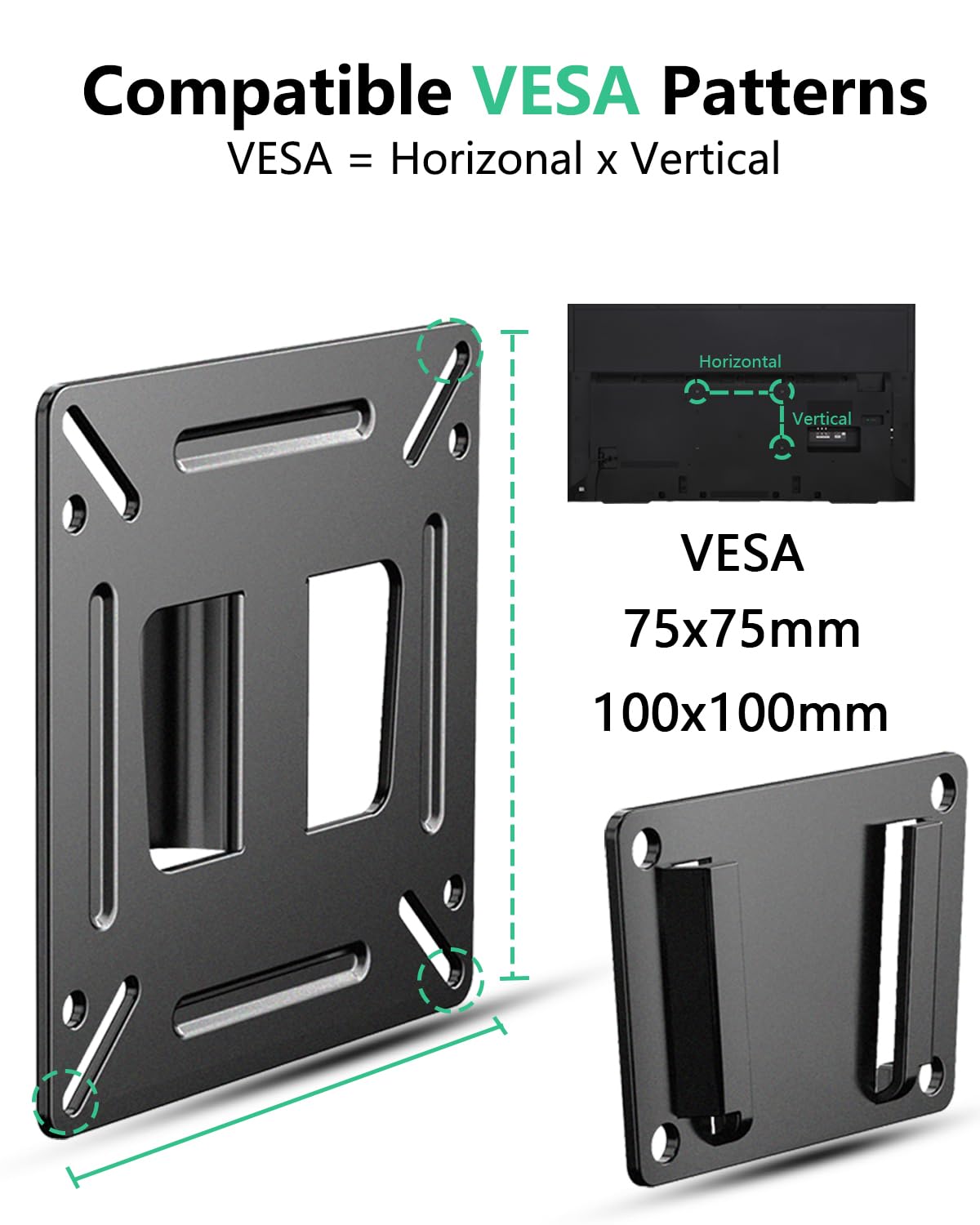 Paquete de 2 soportes de pared para monitores de computadora, soporte de TV pequeño para televisores LED LCD de 14 a 27 pulgadas, soporte de TV RV de perfil bajo fijo con soporte VESA de 100