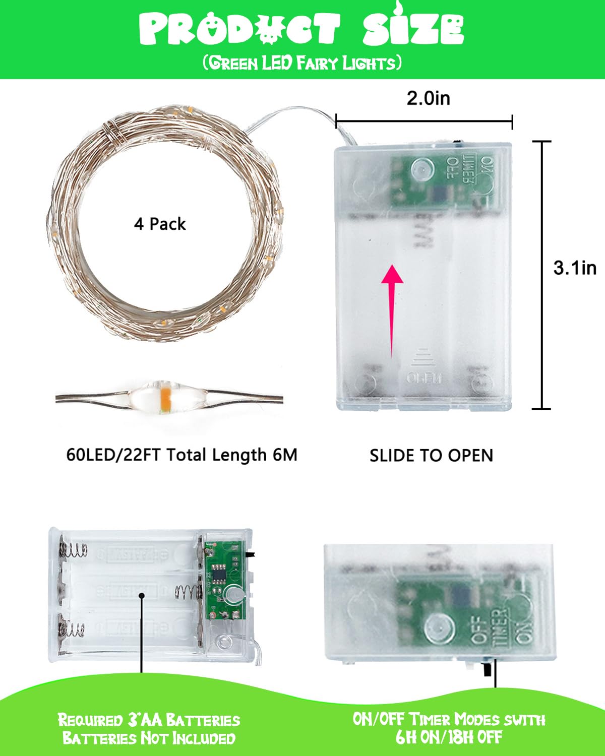 Paquete de 4 luces LED de 20 pies con 60 luces LED para el día de San Patricio con temporizador, cadena de luces impermeables para exteriores e interiores, luces parpadeantes para dormitorio, Navidad