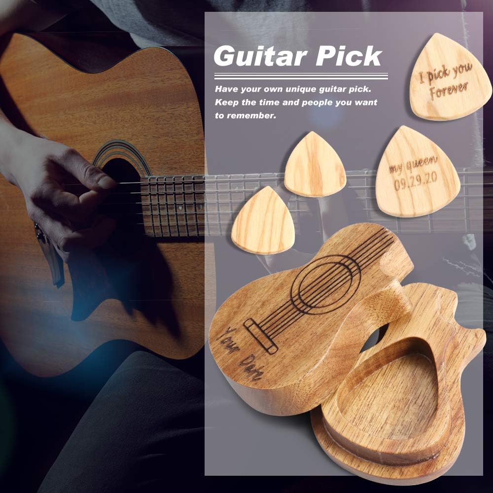 Gemszoo Guitar Picks Custom Any Message 3 Pack in Personalized Guitar Wooden Box Holder Music Gift for Guitar (Style 2)