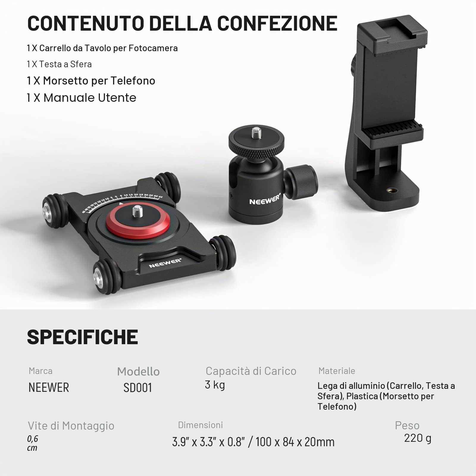 NEEWER Fotocamera Slider Dolly con testa a sfera e morsetto telefonico, 4 ruote tavolo Dolly con panoramica a 360°, compatibile con fotocamera mirrorless mini videocamere GoPro iPhone e telefoni