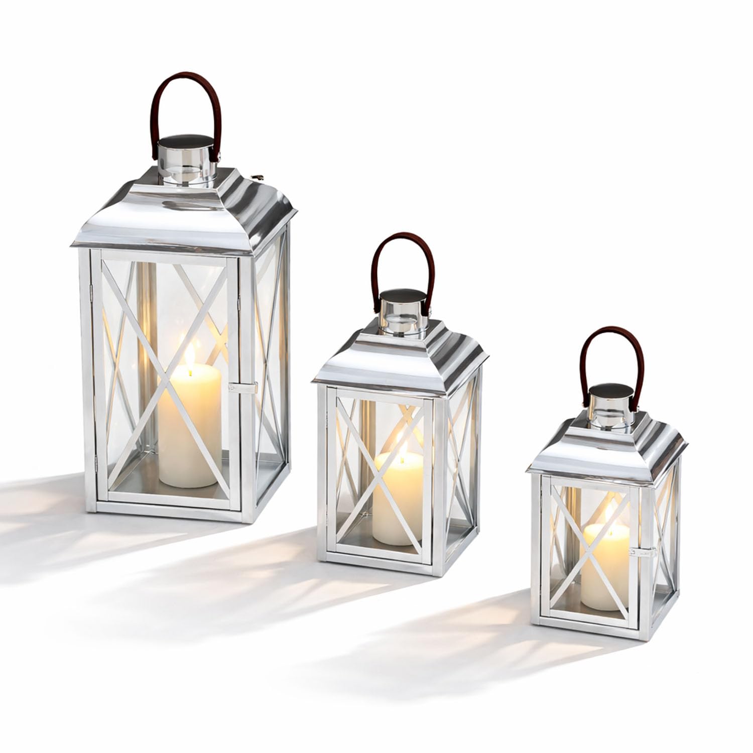 Mojawo 3er Set XL Gartenlaterne Edelstahl Glas Windlicht Kerzenhalter Laternen mit Seilgriff H25/35/49cm