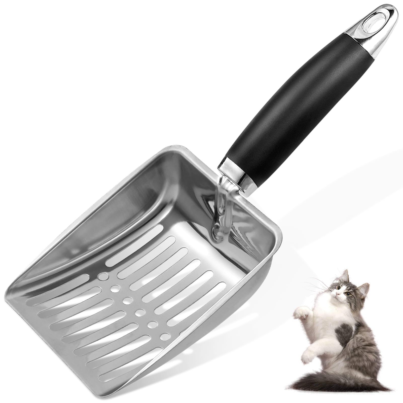 Apidgrowth Paletta per lettiera per gatti in acciaio inox, misura media, in metallo, robusta paletta in rete, facile da pulire, adatta per lettiera per gatti, colore nero