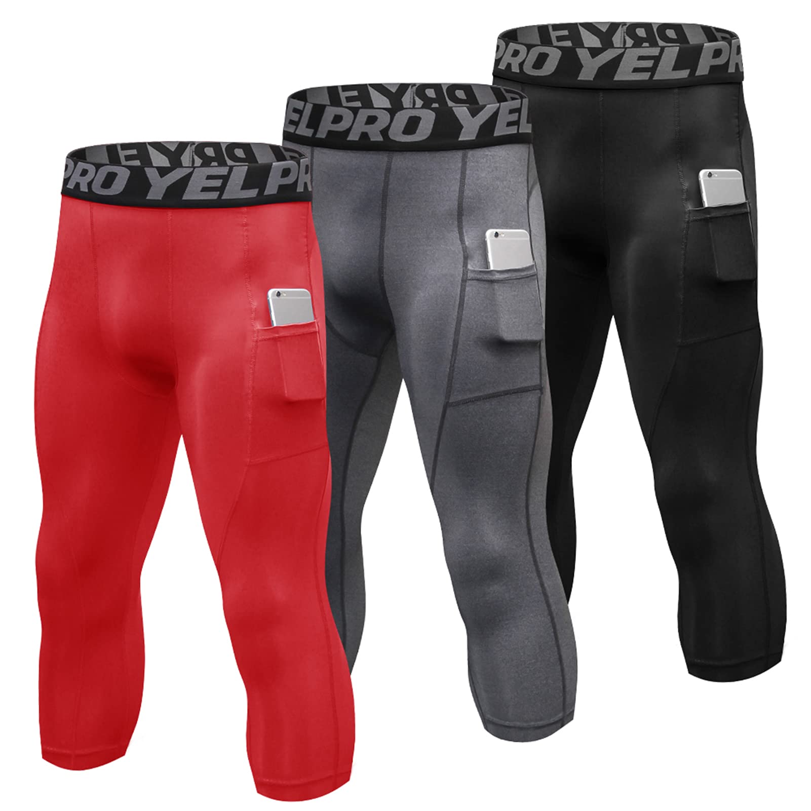 belity 3 Packs Men High Waist Yoga Pants Quick Dry Sports Pants Fitness Leggings Workout Pants with Pocket-picture-52