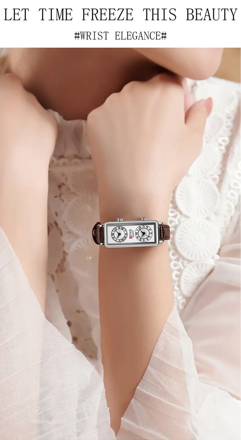 Gosasa Orologio al quarzo delle donne alla moda, quadrante rettangolare con i fusi orari doppi, resistente all'acqua di 30m