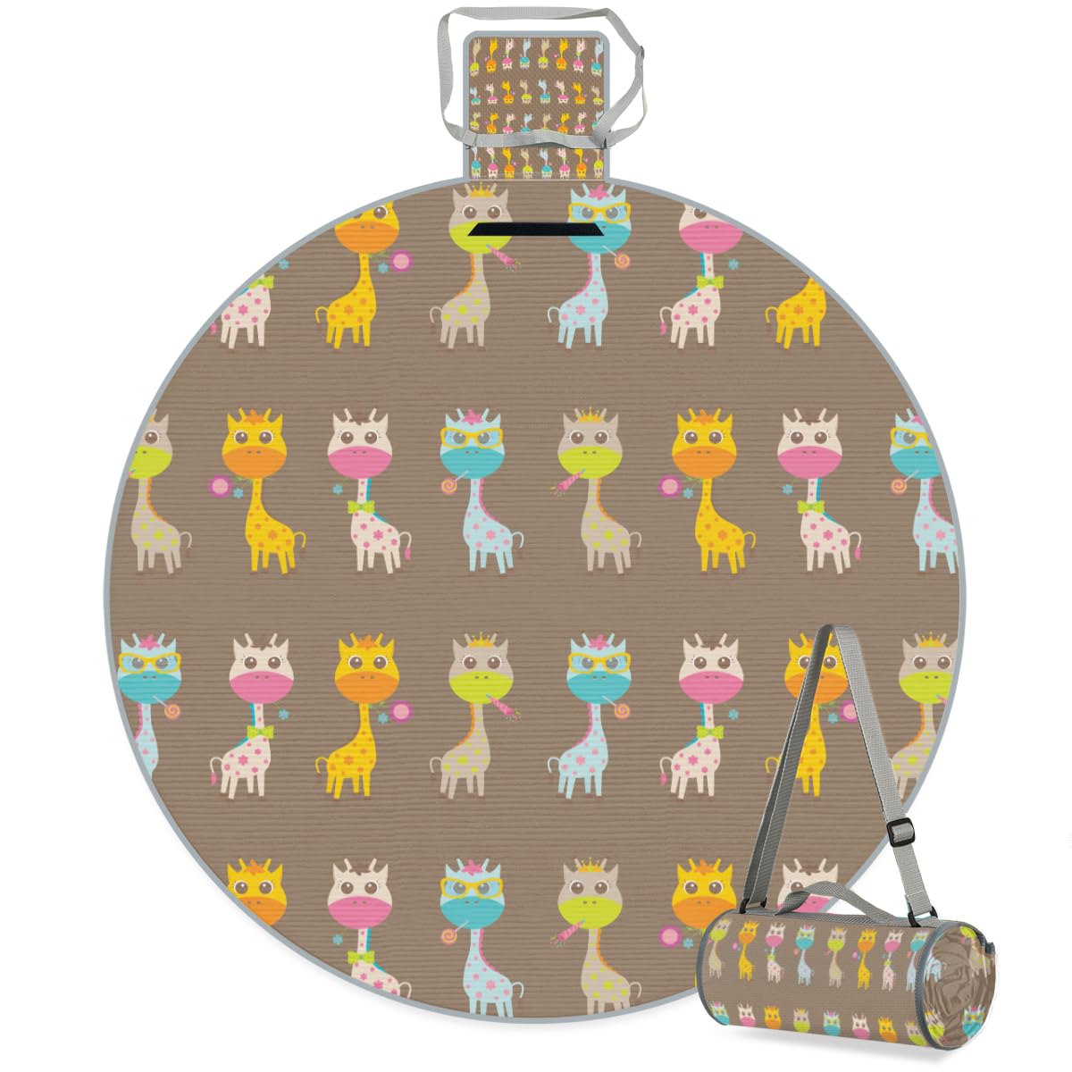 Shimoshe Colorful Baby Giraffe Picnic Outdoor Blanket Foldable Waterproof Sandproof Beach Blanket Portable Water-Resistant Round Picnic Mat for Travel Camping Park Lawn