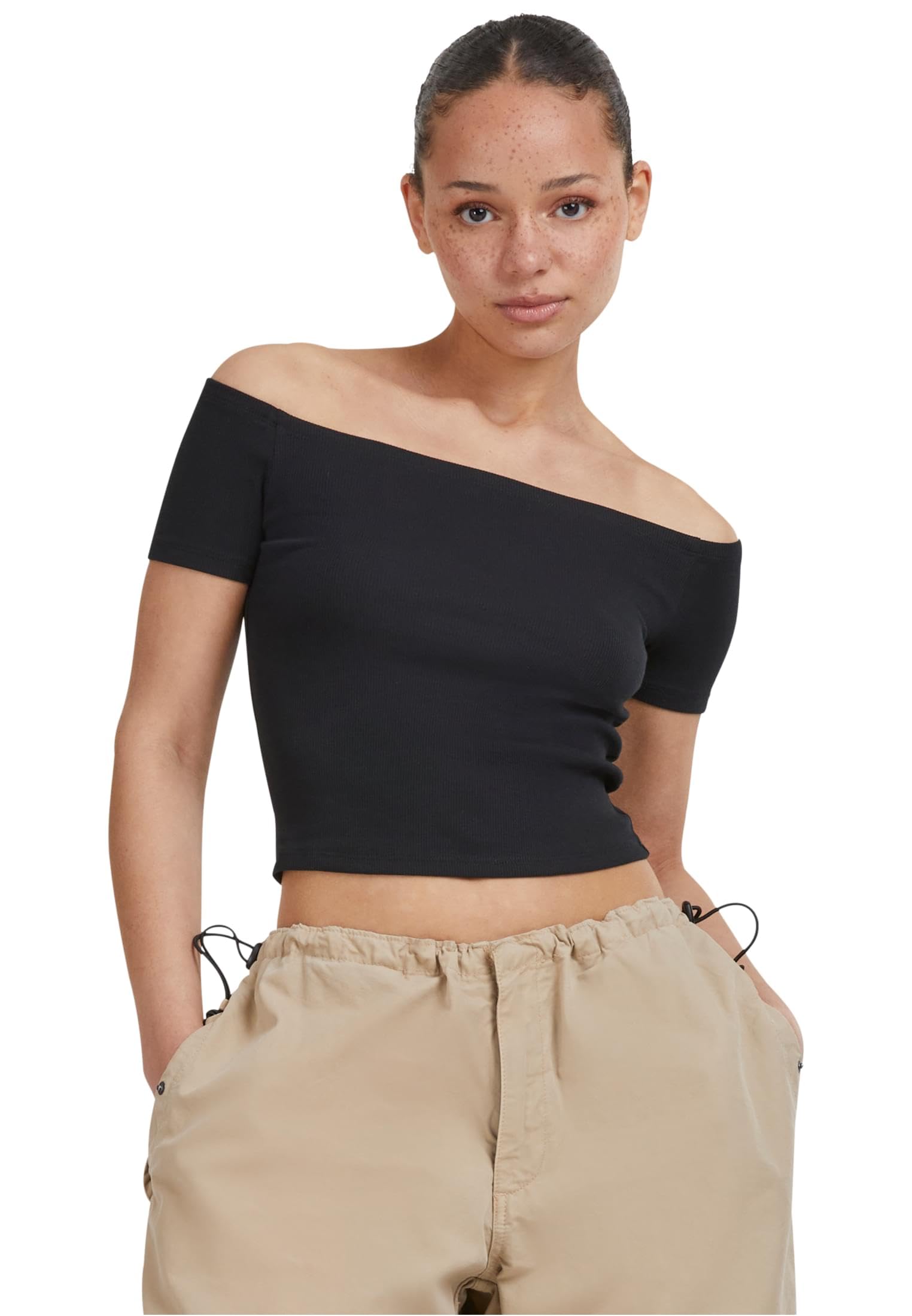 Urban Classics Women's Organic Off Shoulder Rib Tee T-Shirt, Black, 4XL, Black, XXXXL