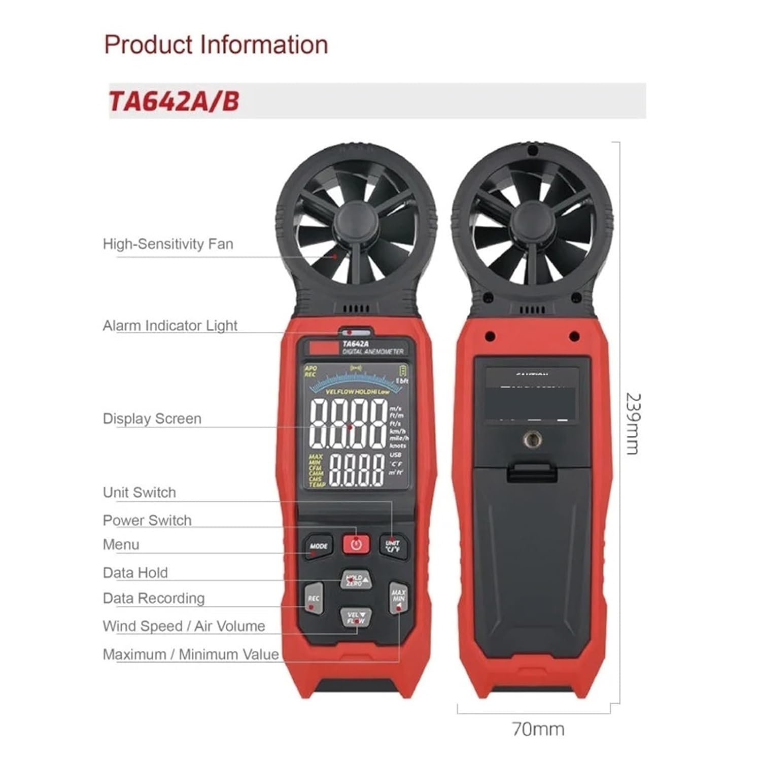 Wind Speed, TA642A TA642B Portable Anemometer USB Wind Speed Meter Handheld Airflow Tester Air Volume Logger(TA642B)