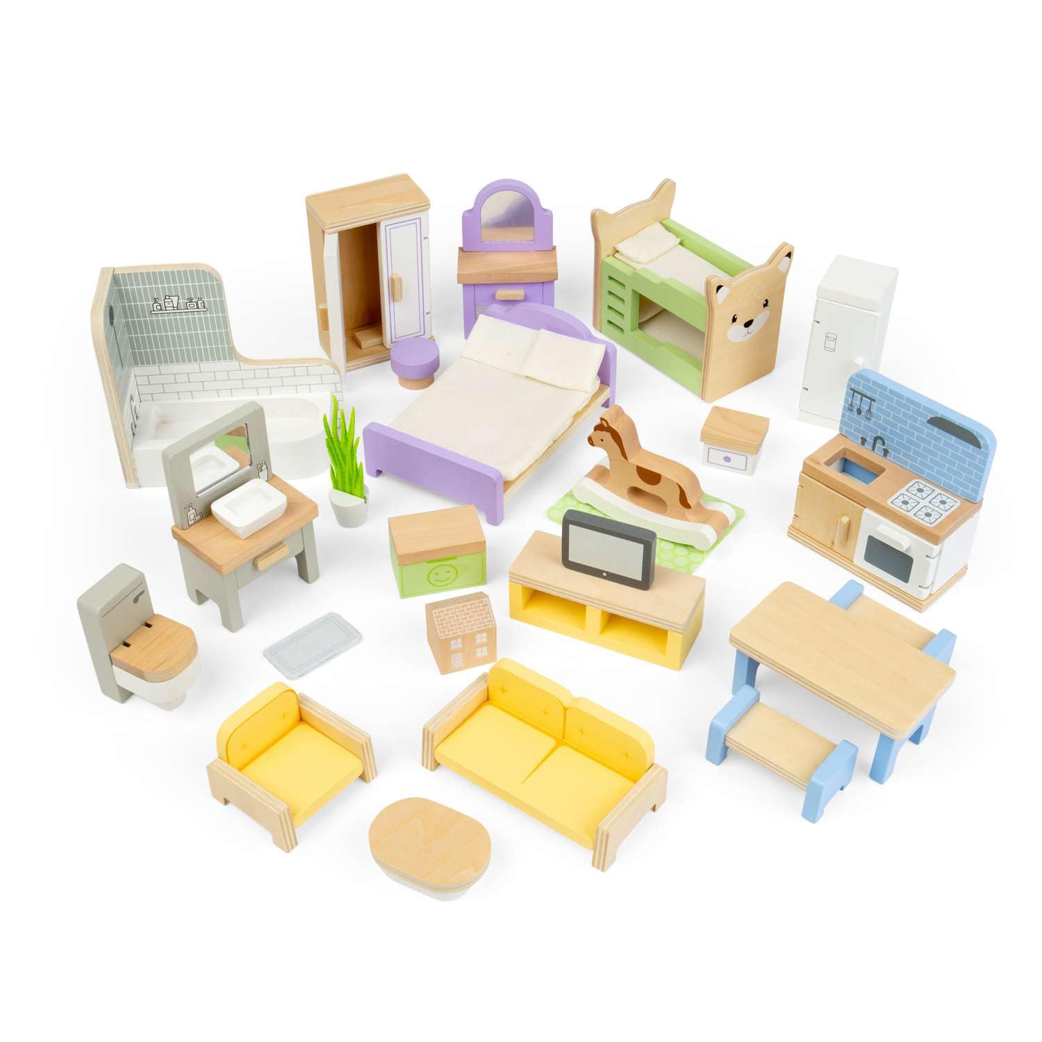 Bigjigs Toys Dolls House Furniture Set | Kids Wooden Doll House Accessories | 31 Pcs Pack of Dollhouse Figures | Toy Living Room, Bathroom, Kitchen & 2 Bedroom Sets | Playset for 3+ Year Old Children