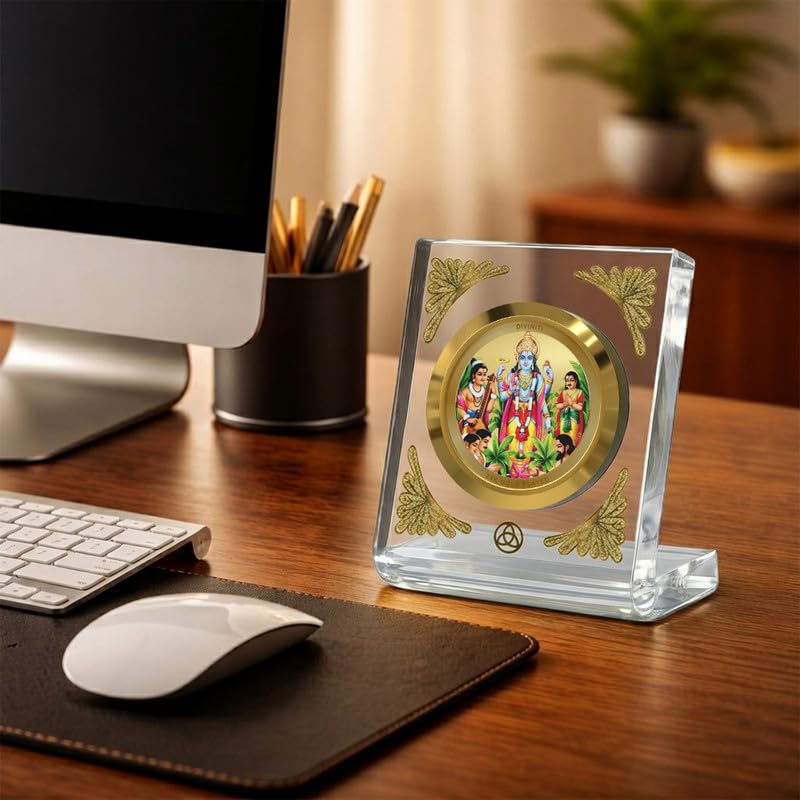 Image of DIVINITI 24K Gold Plated Lord Satyanarayan Acrylic Frame for Car Dashboard, Home Temple & Office Table | Premium Spiritual Gift, Blessings for Protection & Positivity, 8x7 cm Decorative Showpiece