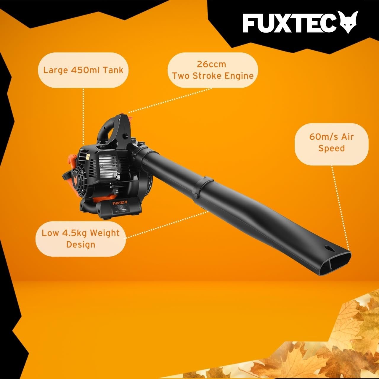 FUXTEC - Soplador de Hojas a Gasolina FX-LB126ECO Cilindrada 26 cm³ Velocidad del Aire 60 m/s Peso 4,5 kg Diferentes boquillas para Diferentes Superficies