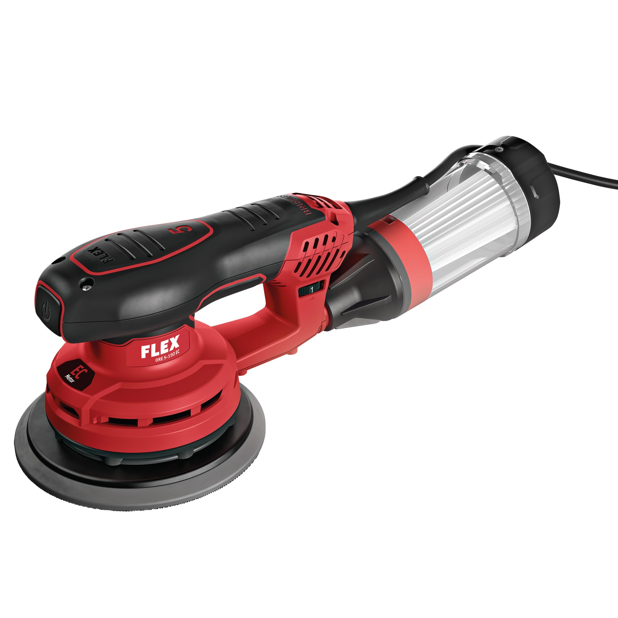 Flex Exzenterschleifer ORE 5-150 EC (schwarz, rot, Leistungsstarker Exzenterschleifer mit Drehzahlregelung, 150 mm, mit Klett-Schleifteller, Innensechskantschlüssel und PES-Microfilterpatrone) 532021