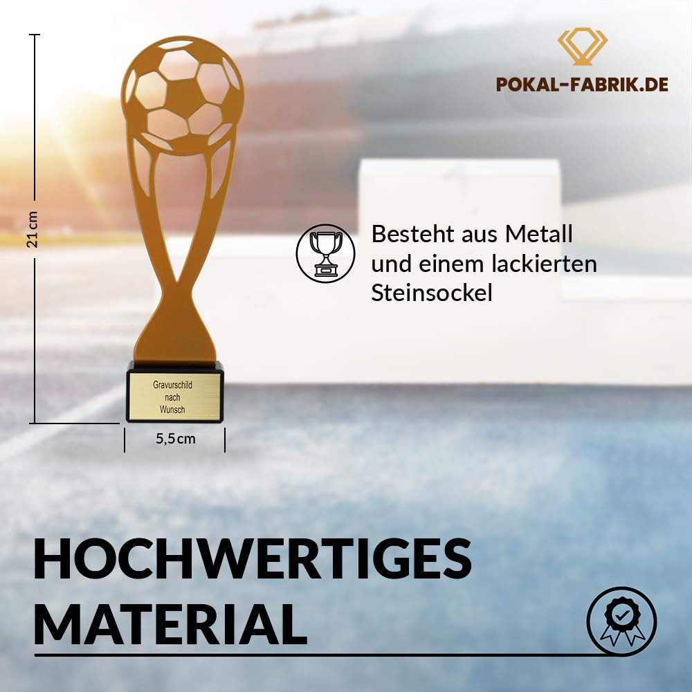 Pokal-Fabrik Pokal mit Gravur Wunschtext – Gold Trophäe aus Metall – Personalisierte Auszeichnung für Fußball WM & Sport Events – 21 cm inkl. Steinsockel