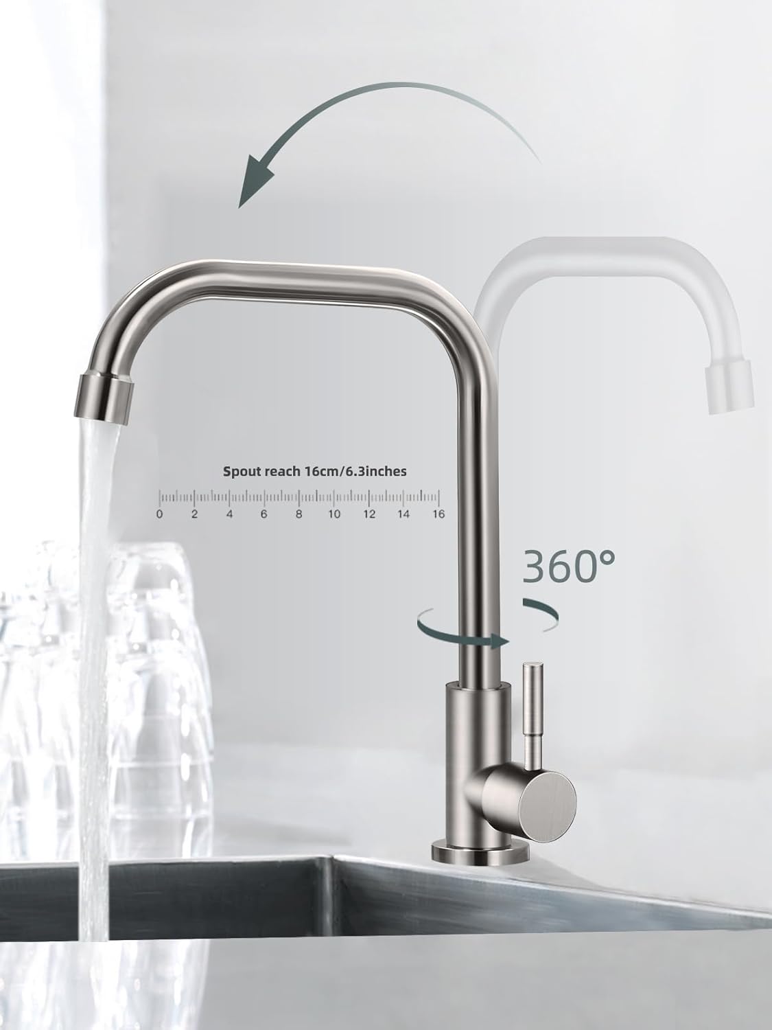 Cold Only Water Faucet Single Hole Kitchen Sink Faucet SUS304 Stainless Steel Brushed Nickel - Image 4