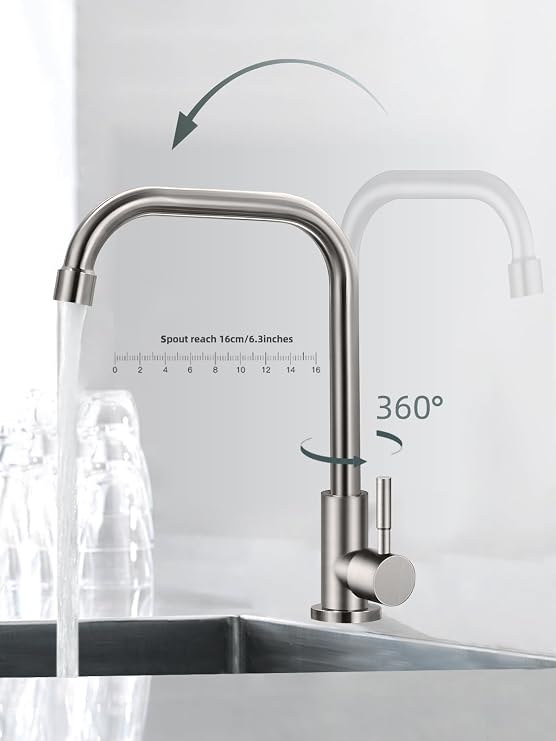 Cold Only Water Tap Single Hole Kitchen Sink Faucet SUS304 Stainless Steel Brushed Nickel