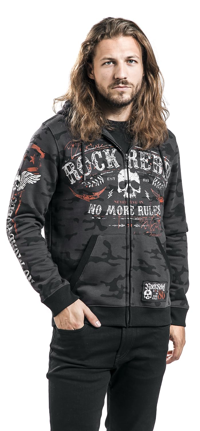 Rock Rebel by EMP Uomo Felpa con Cappuccio Grigio Scuro con Stampa