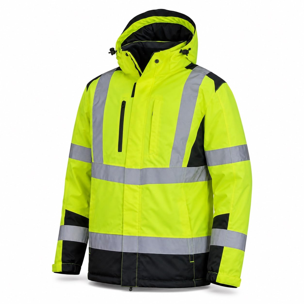 urgent Gefütterte Warnschutz Arbeitsjacke Herren – Winterjacke mit Kapuze URG-HV-LX491 reflektierend, gelb, wasserdicht, Sicherheitsjacke