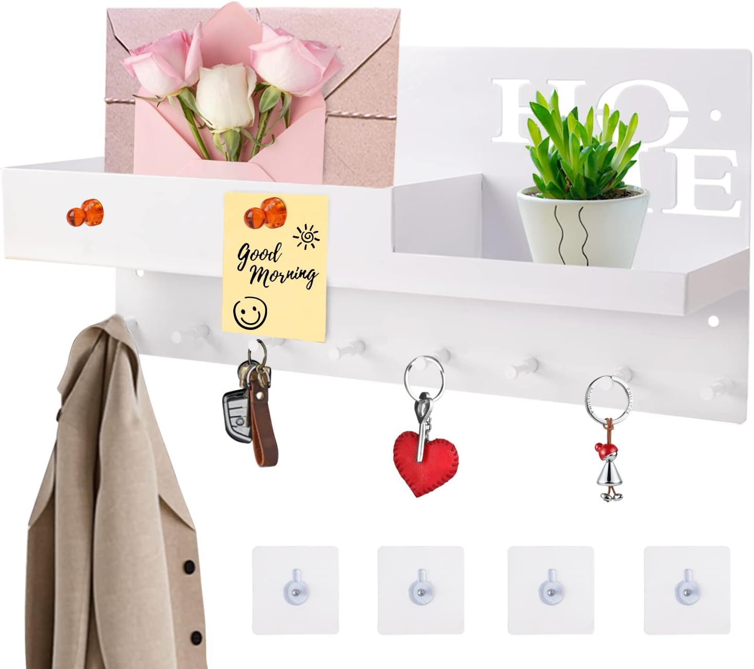 Carousel Home Wooden White Letter Holder Rack With 3 Key Hooks ~ Letter ...