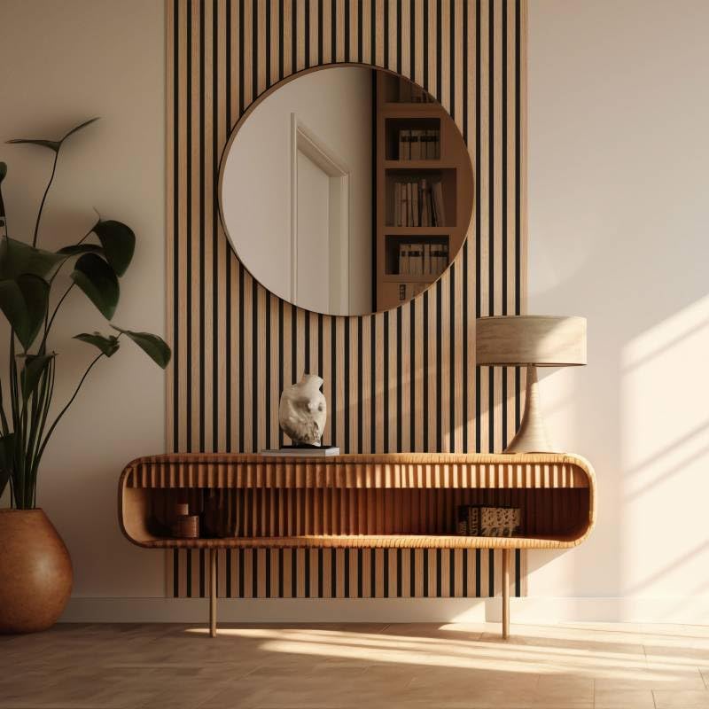 DECOON Lote de 4 paneles listones madera 250 x 30 x 1 cm – láminas MDF chapa roble claro auténtico fondo negro – 3 m²