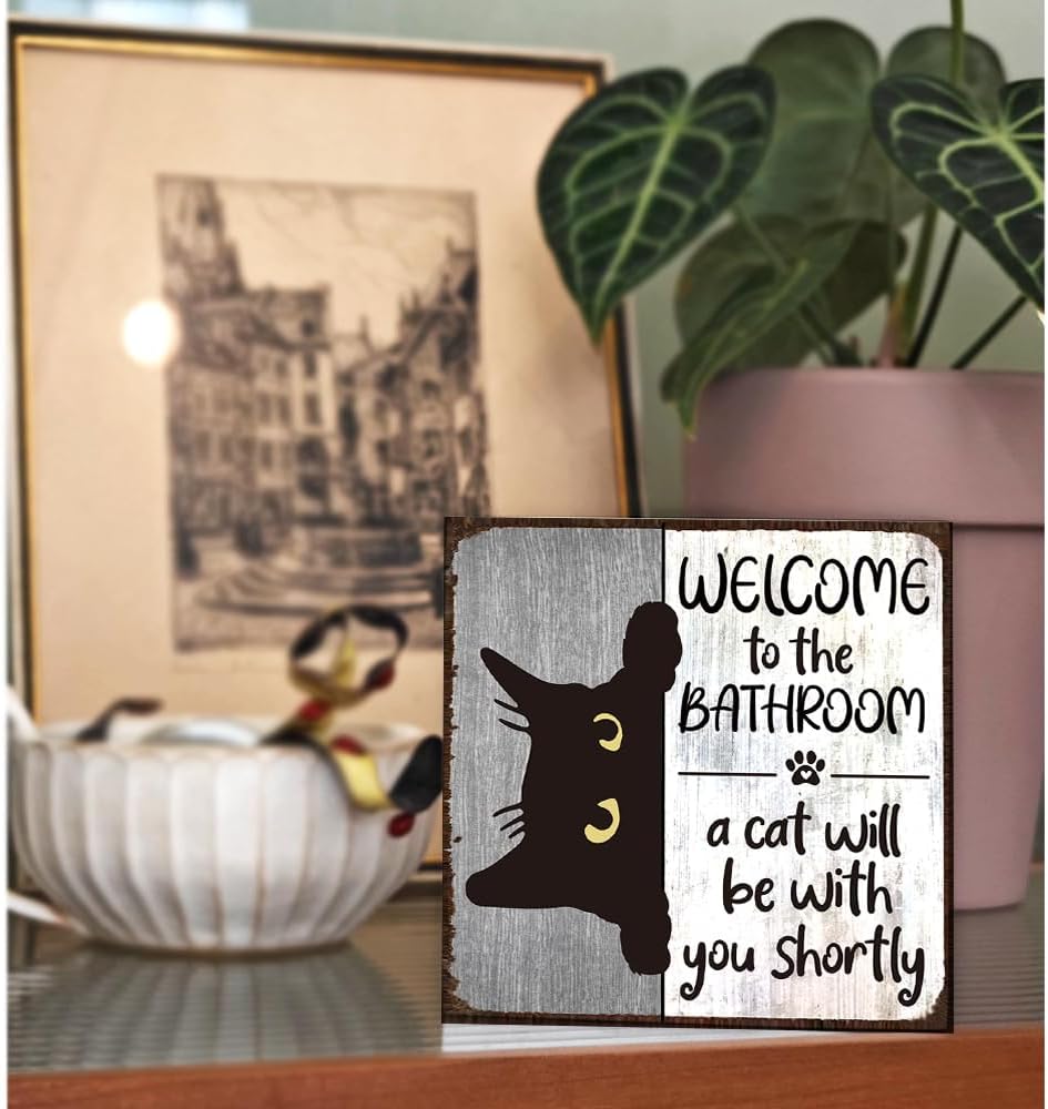 Funny Bathroom Cat Decor Welcome to the Bathroom Wooden Box Sign Black Cat Sign for Home Toilet Restroom Shelf Tabletop Desk-142 - Image 4