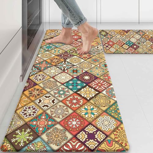 Zussun Boho Kitchen Rug Mats for Floor Cushioned Anti Fatigue Mexican Colorful Ceramic Tile Kitchen Rugs Sets of 2 Non Slip Waterproof Comfort Memory Foam Standing Floor Mat for Laundry Sink Desk