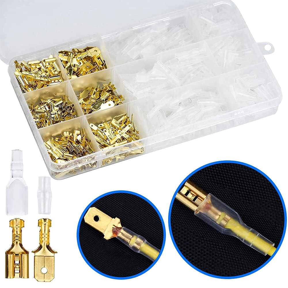 MMOBIEL 480 pz Assortimento di connettori a forcella Morsettiere a crimpare per cavi con guaine isolanti per cablaggio elettrico - 2,8 mm 4,8 mm 6,3 mm maschio e femmina - Oro