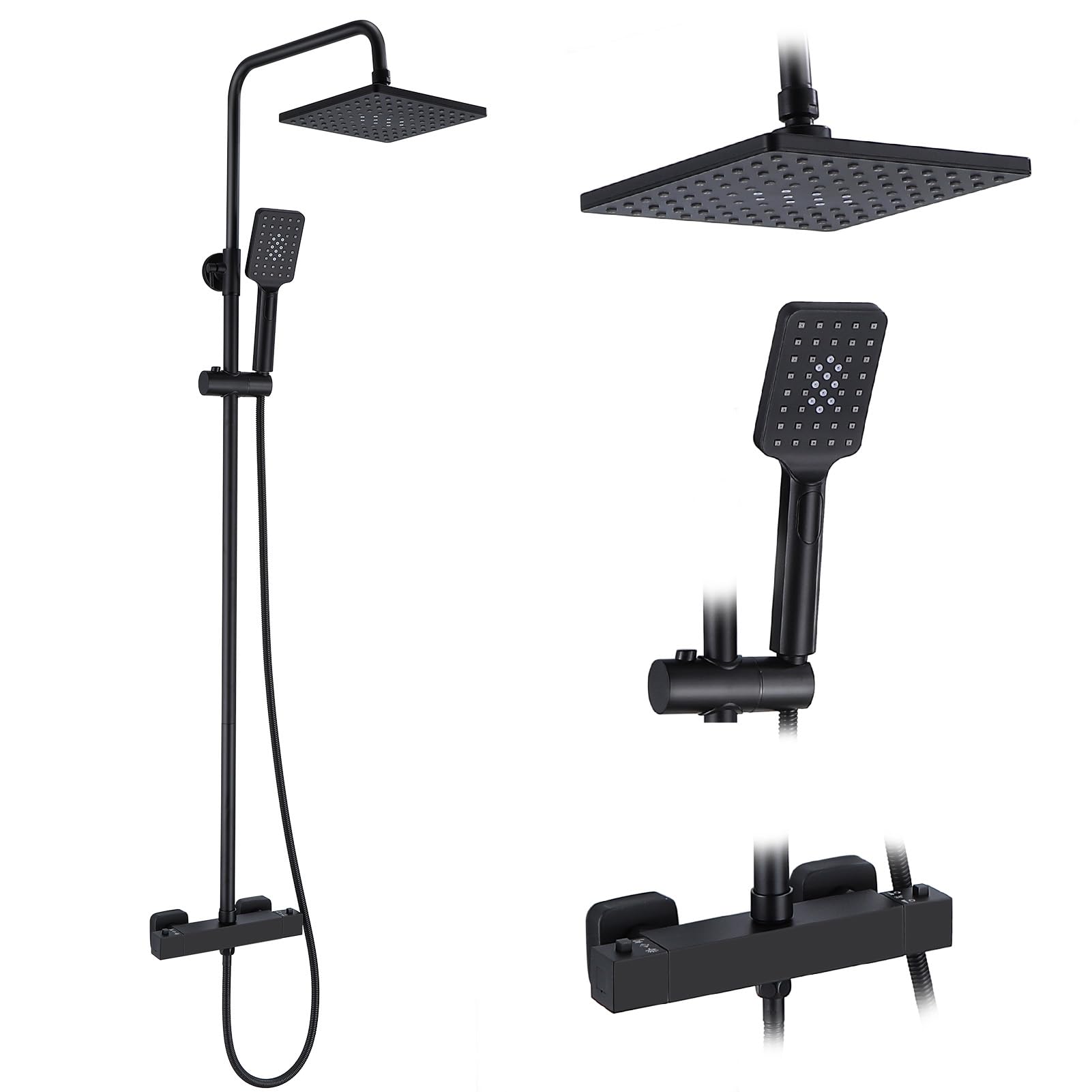 HOZKUY Duschsystem mit Thermostat Schwarz, Quadratisches 38 °C Duscharmatur Komplettset mit Regenbrause, 3 Funktions Handbrause, Höhenverstellbar Verstellbarer Duschstange (103-140cm)