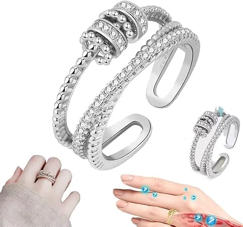 Threanic - Anillo de triple giro con circonita, anillo giratorio antiansiedad, anillo giratorio abierto ajustable para mi hija (color plateado)