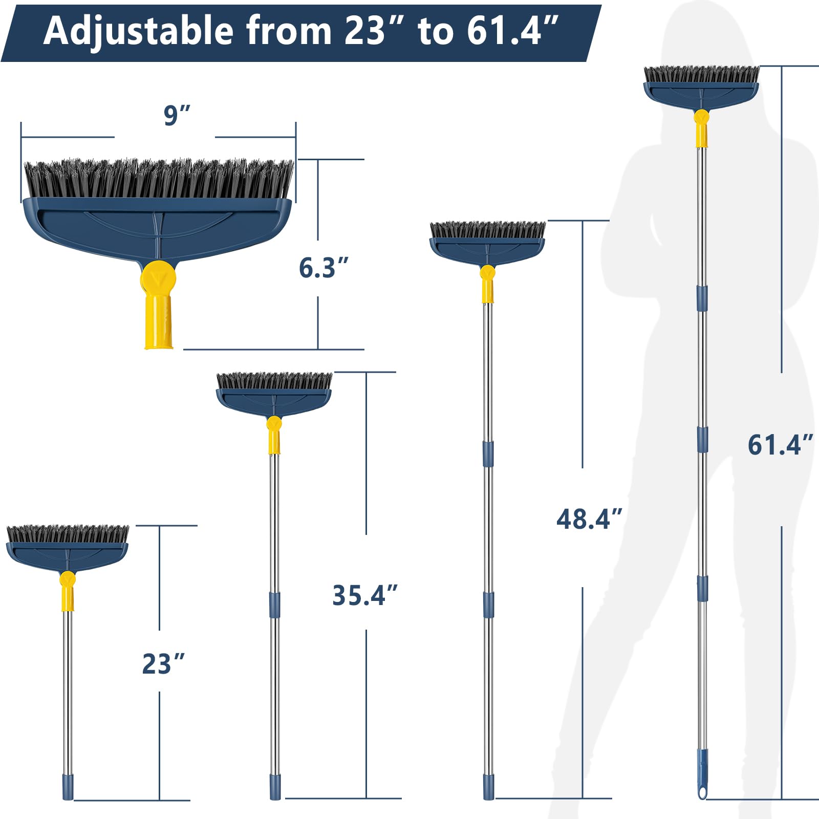 Cepillo de lechada con mango largo ajustable de 61.4 pulgadas, cepillo de línea de lechada en forma de V, cepillo de suelo 2 en 1 con raspador, cepillo giratorio con cerdas rígidas para ducha, cocina,