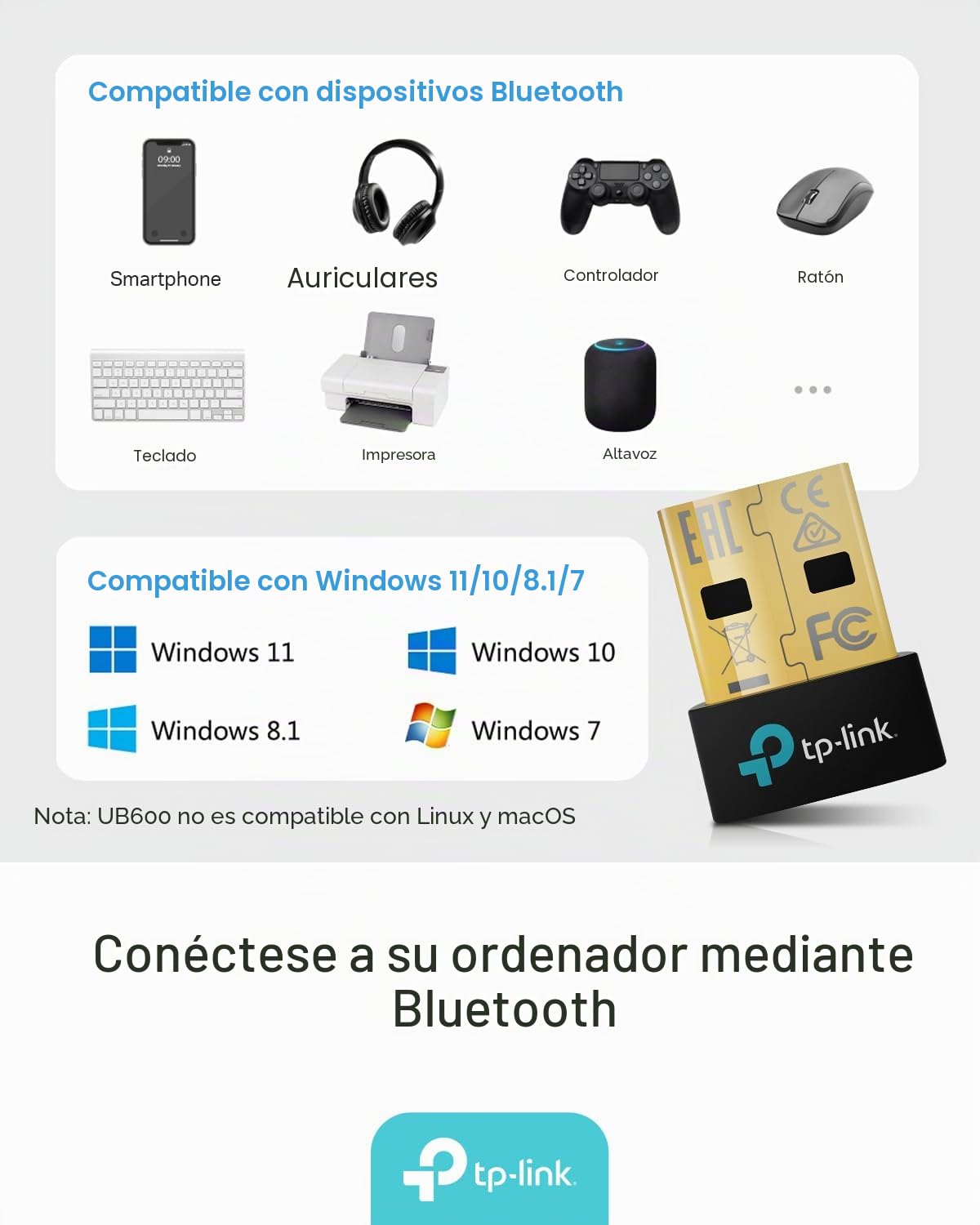 TP-Link UB600 - Adaptador Bluetooth 6.0 para PC, USB Bluetooth Stick para ratón/Teclado/Auriculares/teléfono Celular/Controlador, Plug & Play, Solo para Windows 11/10/8.1/7