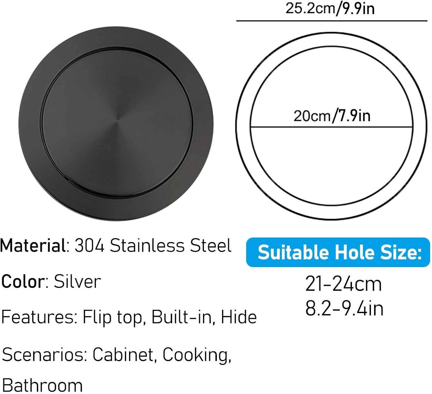 Embedded Waste Lid, Flip Top Trash Chute Cover, Built-in Stainless Steel Trash Can Panel for Kitchen Bathroom Office