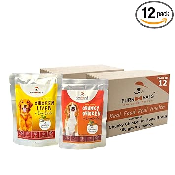 FurrMeals Meal Topper for Dogs | Chunky Chicken + Chicken Liver Combo Pack of 6 (Each) | Made with Chicken Bone Broth | Contains Lakadong Turmeric | Wet Dog Food - Pack of 12 x 100gm