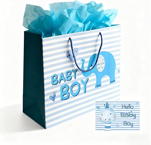 DiffyGo Bolsa de regalo de bebé grande de 13 pulgadas para baby shower con papel de seda y tarjeta (azul)