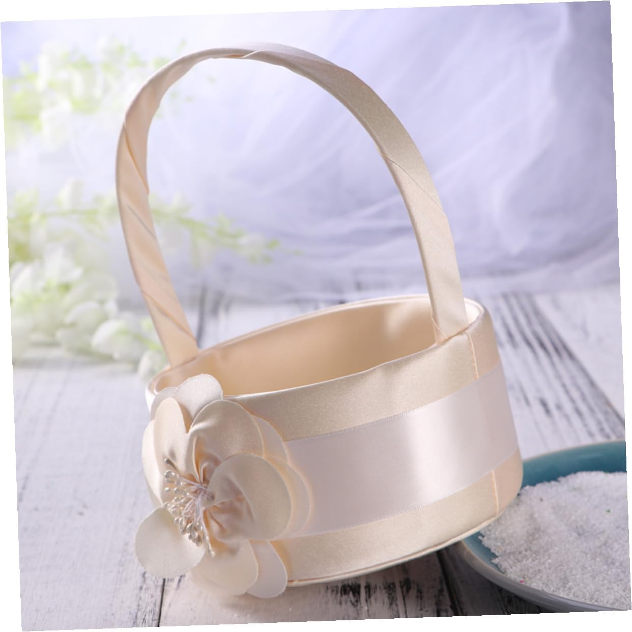 Housoutil Set of 2 Elegant Light Gold Satin Floral Handheld Baskets for Bridal Petal Toss Wedding Ceremony Party Supplies