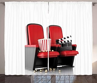 Ambesonne Movie Theater Curtains, 3D Illustration Cinema Concept Clapper Board and Popcorn on Theater Seat, Living Room Bedroom Window Drapes 2 Panel Set, 108" X 84", Cream Black