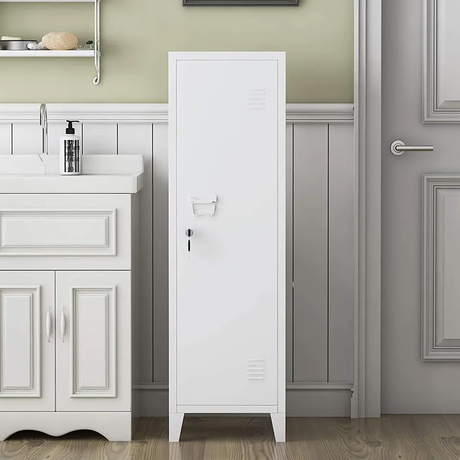 FRIDEKO White Metal Locker, 3 Tier Thicken Steel Lockable Cabinet, Home Office Storage Cupboard, Store File, Supplies, Clothes