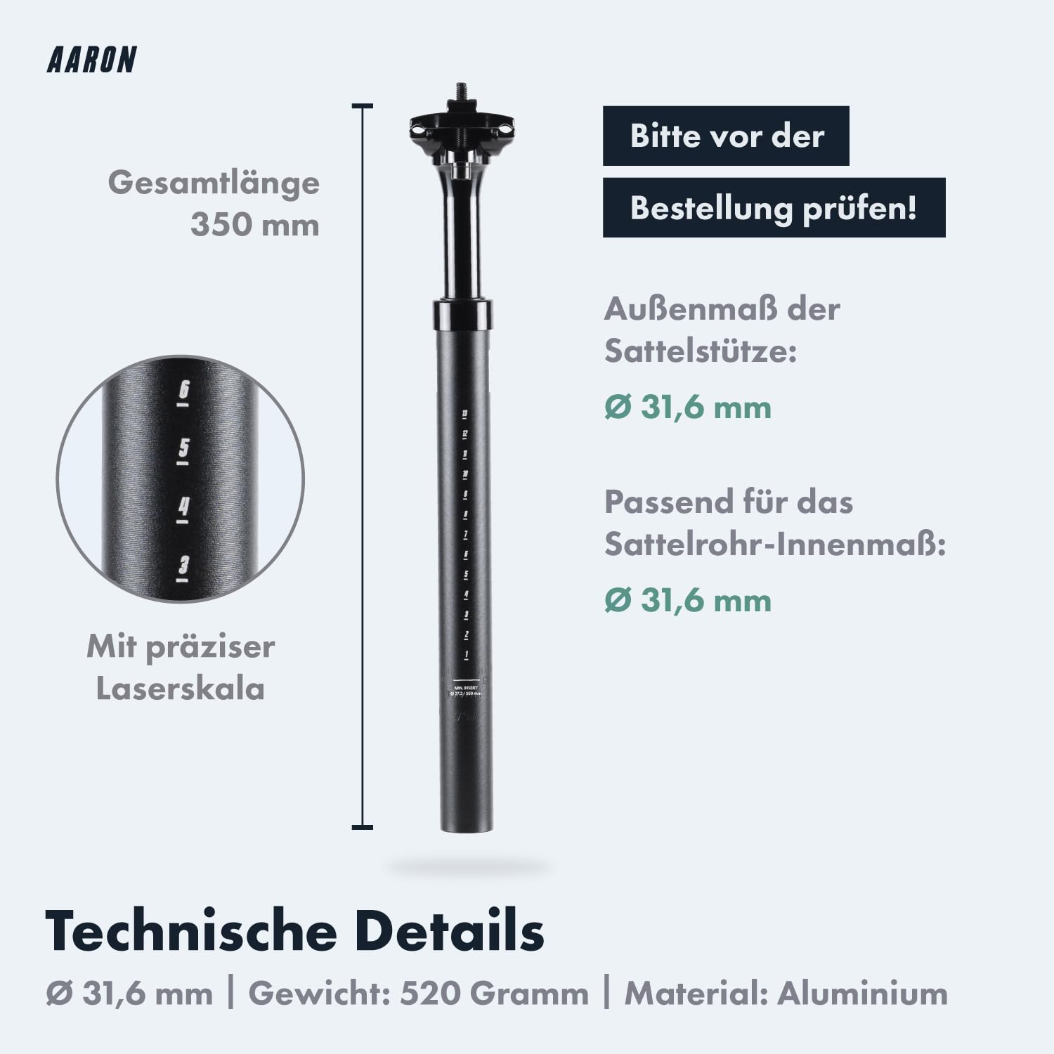 AARON Shock Federsattelstütze mit 27,2, 30,9 oder 31,6 mm Durchmesser - Gefederte Aluminium Sattelstütze mit 350mm Länge - Fahrrad Sattelstütze gefedert für E-Bike, MTB, Downhill, Trekking Citybike