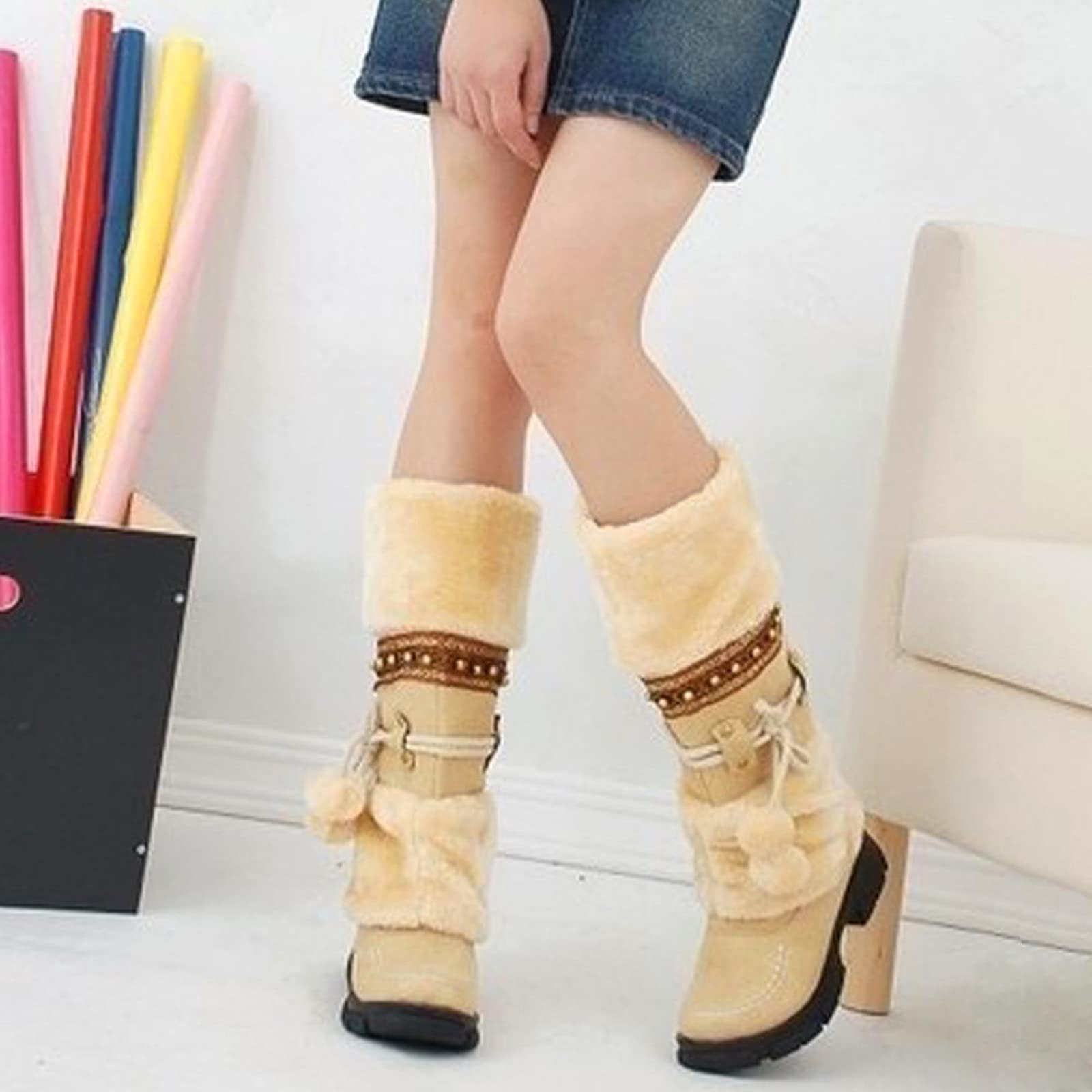 Hausstiefel Damen Warm - Gefüttert Hüttensocken Stiefel Rutschfeste Stiefelette Bootie Warm Plüsch Hüttenschuhe Winterstiefel Warm Hoch Hausschuhe Winter Pantoffeln Haushaltsschuhe Outdoor Stiefelette