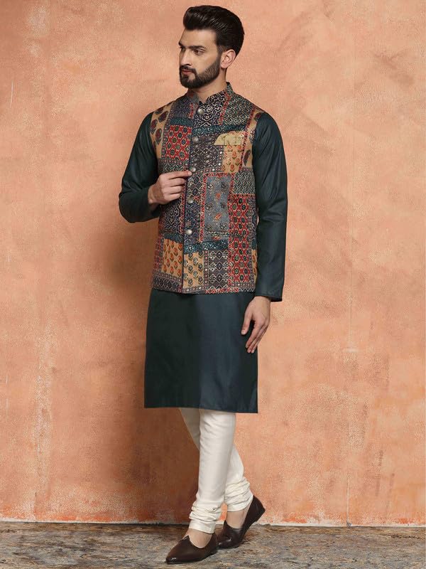 Image of KISAH Men's Ethnic Wear Regular Fit Cotton Blend Printed Kurta Churidar and Jacket Set