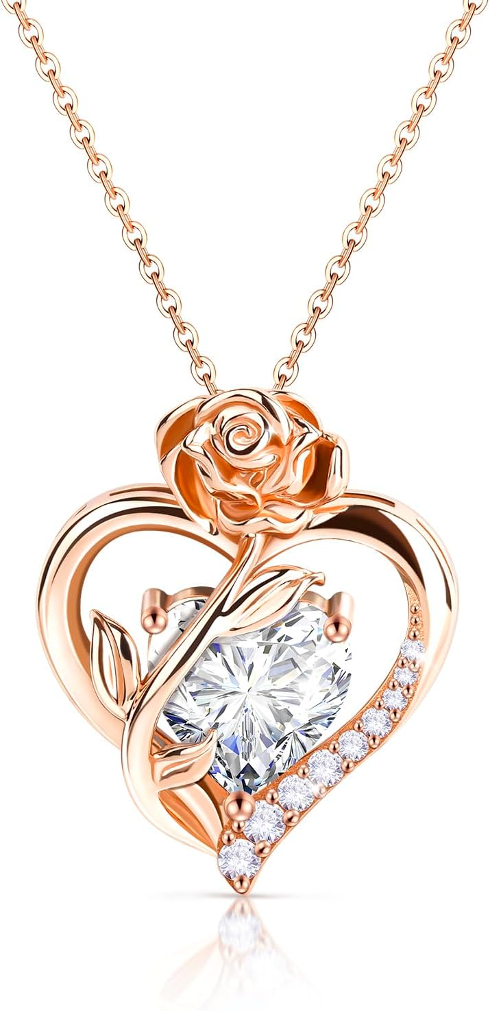 Molenia Heart Birthstone Rose Necklace for Women: Genuine 925 Sterling Silver Rose Gold Pendant Dainty Necklace Gold Jewelry Valentines Christmas Anniversary Birthday Gifts for Wife Mom Daughter