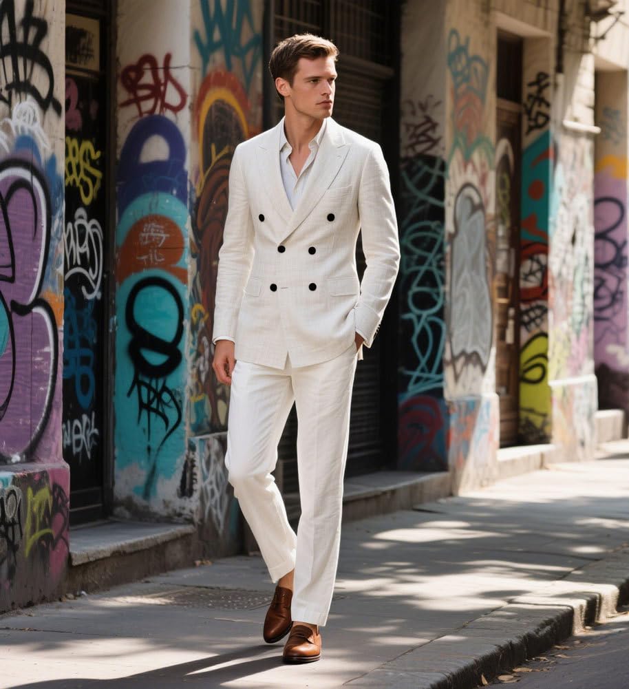 Completo doppio petto da uomo in lino 2 pezzi leggero smoking blazer pantaloni set Prom Suit