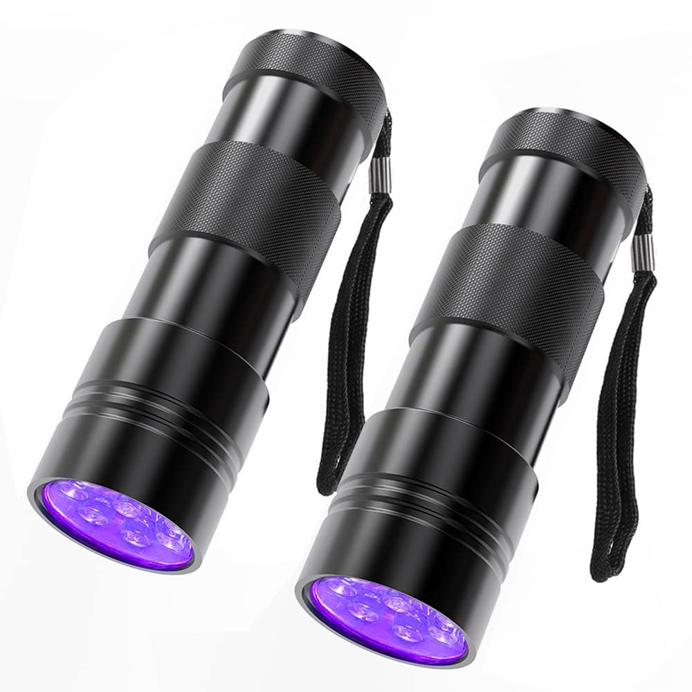2 Pack UV Flashlights, , 12 LED 395nm Blacklight Flash Light, Mini UV Light Torch Detector for Dog Pet Urine Stains, Bed Bugs and Scorpions (Batteries not Included)