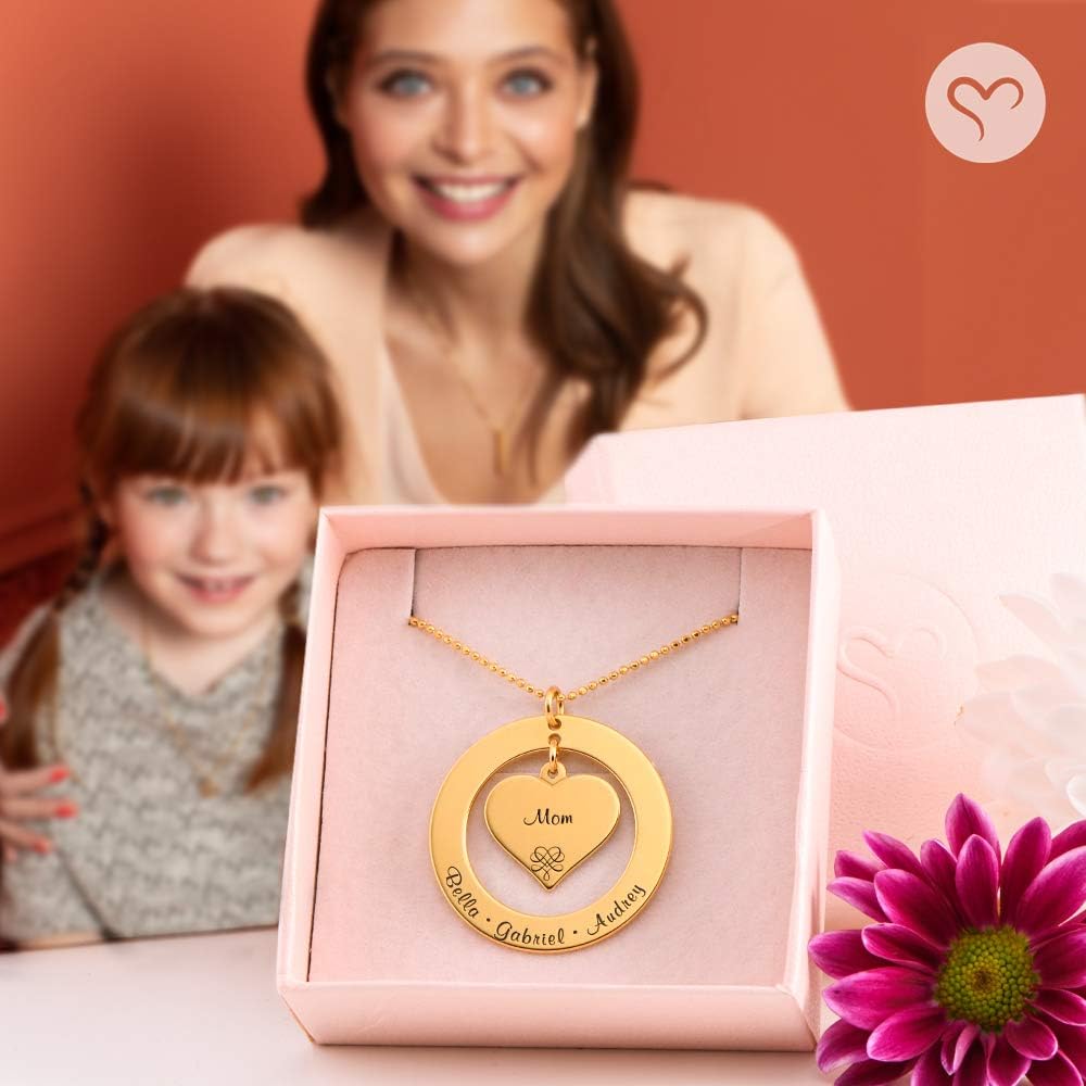 MYKA - Personalized Grandma/Mom Circle Necklace with Hanging Heart Charm - Customized Pendant - Precious Metals: 925 Sterling Silver, 18K Gold & Rose Gold Plating, Vermeil - Dainty Jewelry For Christmas, Xmas, MotherÕs Day For Mom, Mother, Grandma, Her, Women