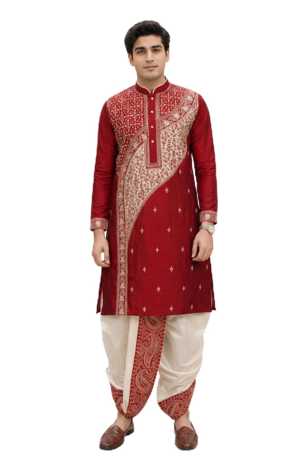 Men's Premium Embroidered Jaffran Silk Kurta with Dupion Silk Dhoti Set | Traditional Ethnic Wear for Wedding, Puja, Festival & Party-picture-44