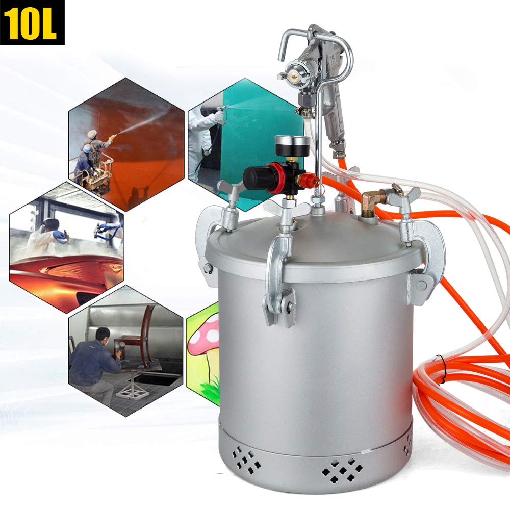 Olla de pulverización de 10 L con boquilla de 3,0 mm y válvula de seguridad – Depósito de pintura profesional para automóvil, madera, látex, aceite e imprimación, incluye regulador de aire y accesorio