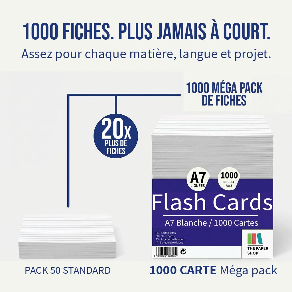 The Paper Shop Fiches Bristol A7 Lignées Blanches | 1000 Fiches de Révision 127 × 76 mm (5 × 3) | Flashcards Index Cards pour École Études Apprentissage Organisation Notes
