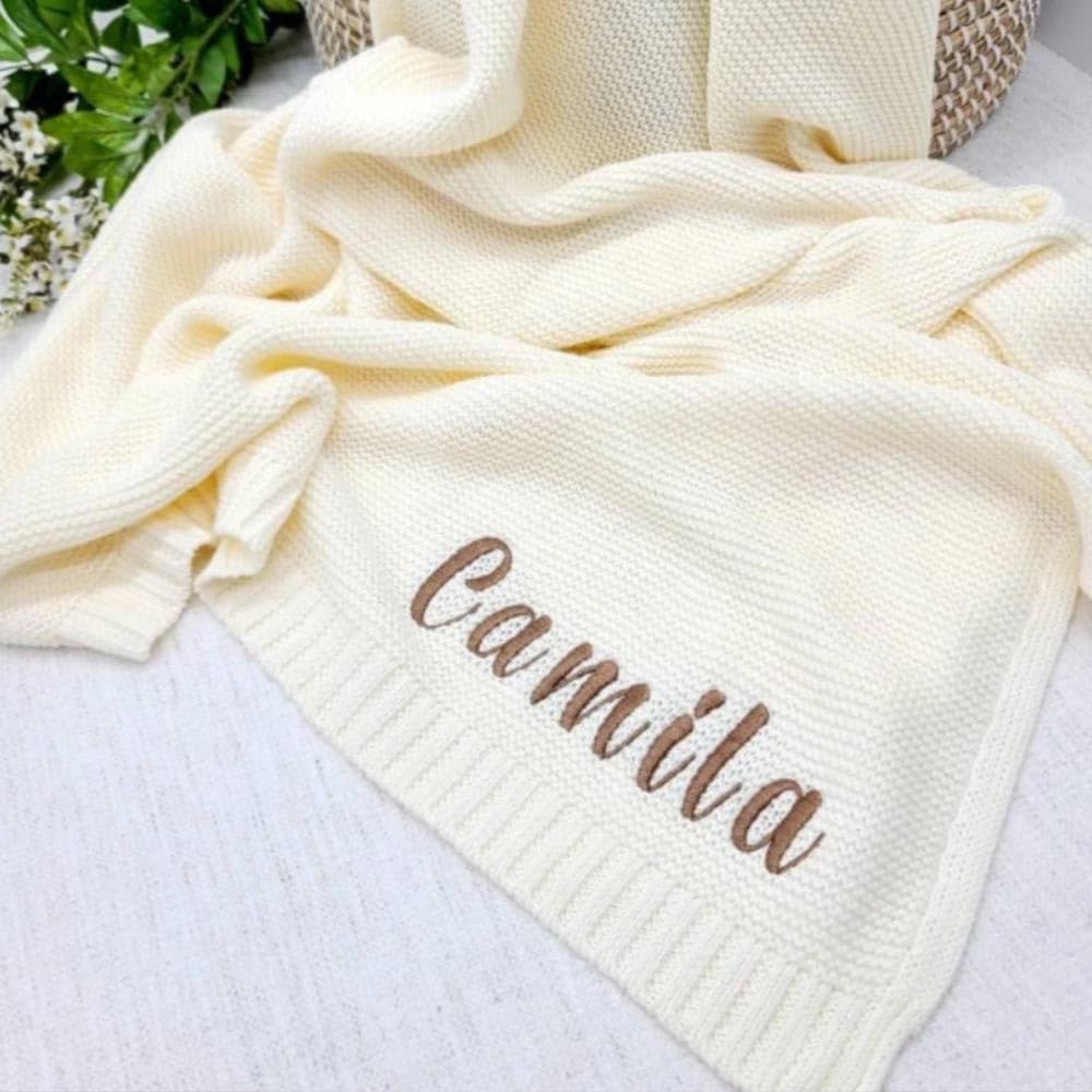 REEG Cotton Knitted Personalized Embroidered Name Baby Soft Blanket for Baby Shower and Stroller
