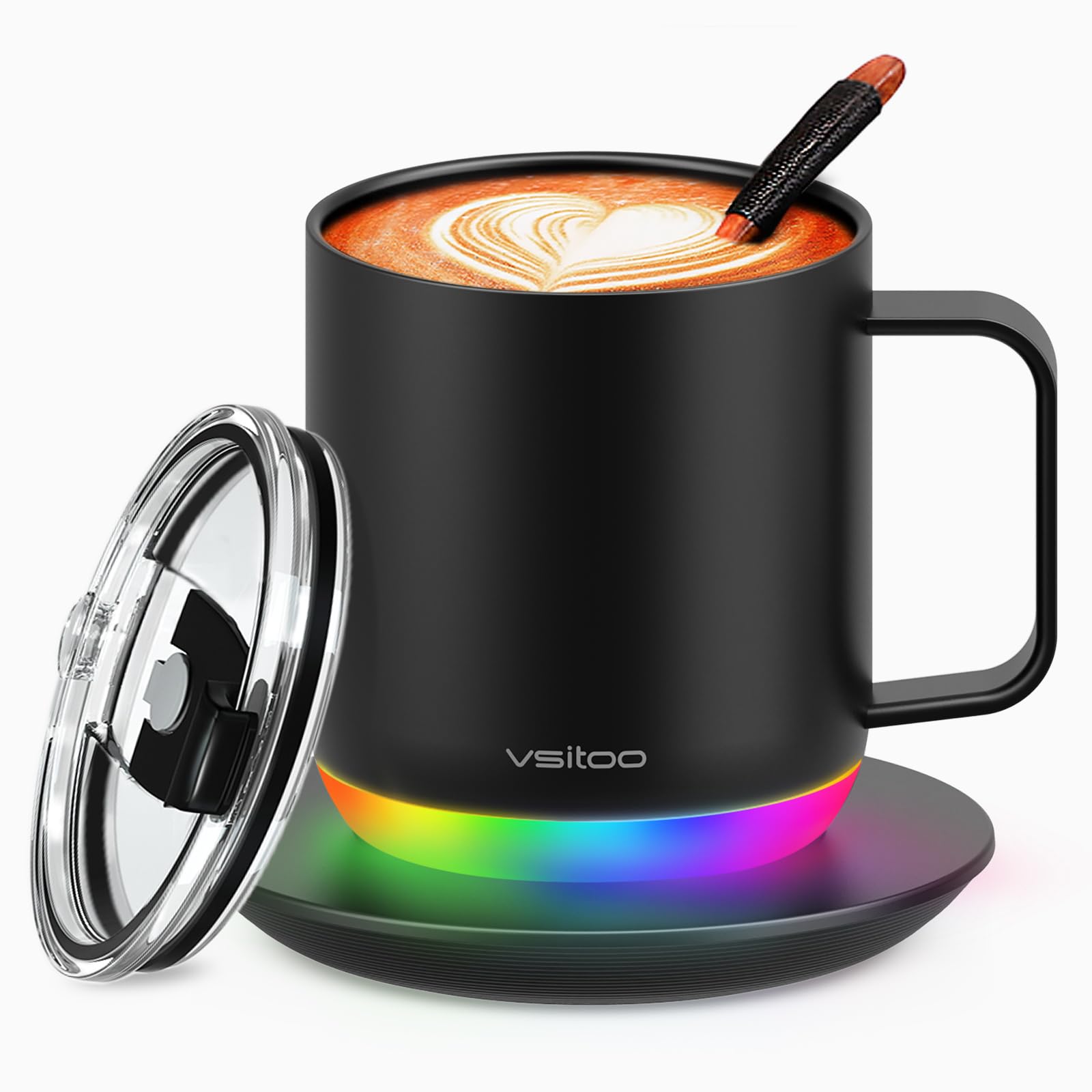 Vsitoo S6 Plus Smart Coffee Mug, 12oz,Temperature Controlled Mug & Electric Coffee Mug with Music Sync Lights,Auto-Sensing AI Heats Drinks to 120-150°F Hands-Free. Ideal for Home/Office/Gifts - Black