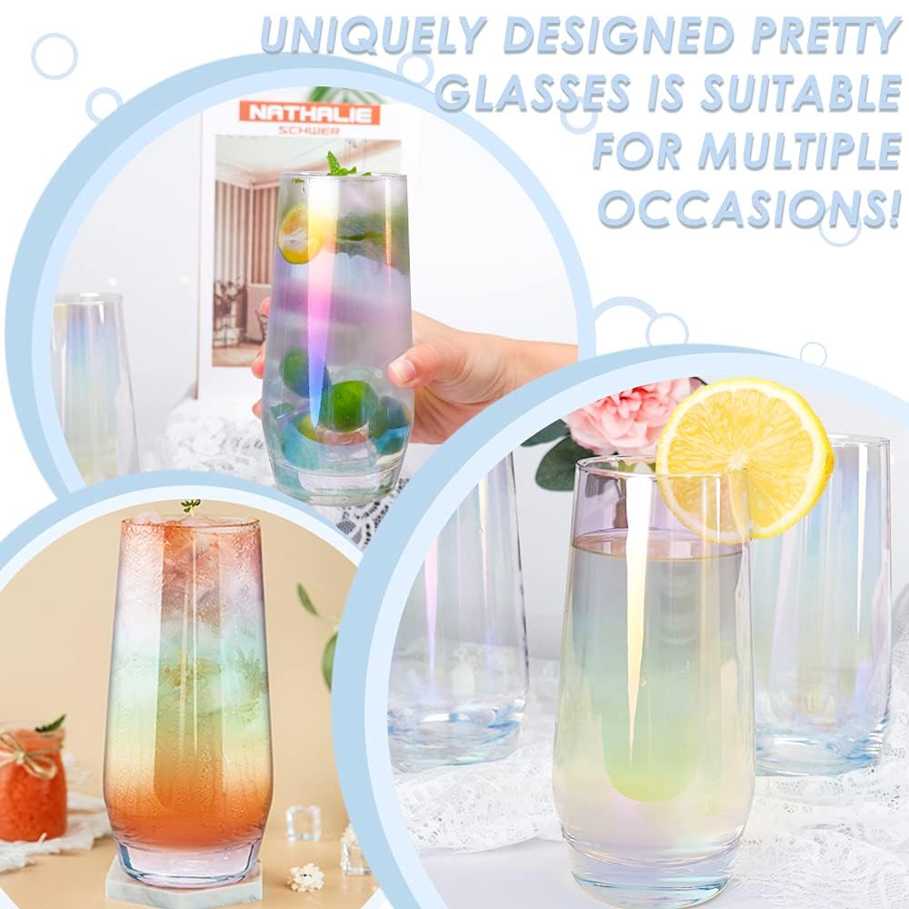Vasos Highball coloridos, juego de 4 cristalería iridiscente de 18.5 onzas sin plomo para bebidas mixtas, jugo, cóctel, paquete de regalo (coloridos)